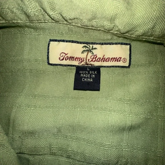 Tommy Bahama Mens Large 100% Silk Short Sleeve Button Down Shirt Sage Green Grid - Picture 5 of 5